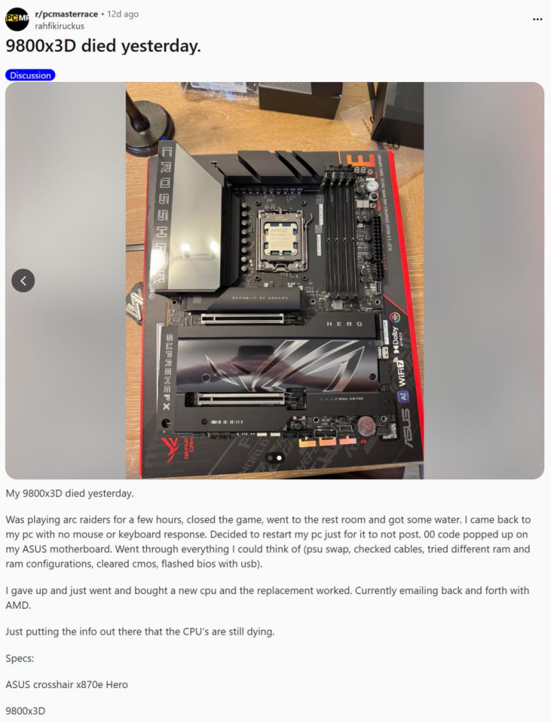 라이젠 7 9800X3D 사망 사례. (이미지 출처 : 레딧)
