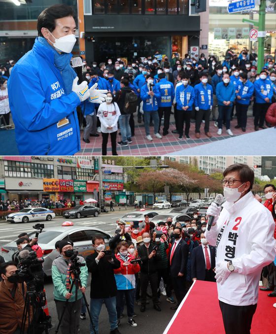 4일 오후 부산시장 보궐선거에 출마한 더불어민주당 김영춘 후보와 국민의힘 박형준 후보가 각각 중구 광복로와 남구 용호동에서 지지를 호소하고 있다.〈사진=연합뉴스〉
