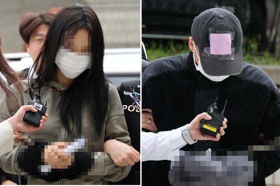 축구 국가대표팀 주장 손흥민의 아이를 임신했다고 주장하며 손씨에게 돈을 뜯어내려 한 20대 여성 A씨(왼쪽)와 40대 남성 B씨가 17일 영장실질심사를 받기 위해 서울중앙지법에 들어서고 있다. 〈사진=연합뉴스〉