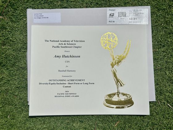 다큐멘터리 '베이스볼 하모니' 에미상 노미네이트 증명서. 〈사진=홍지영 감독 제공〉