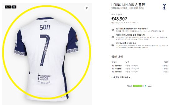 손흥민이 유로파리그 우승 당시 결승전에서 입었던 유니폼이 경매에서 4만8907유로, 우리 돈으로 약 7700만원에 팔렸다. 〈사진='매치원셔츠' 홈페이지〉
