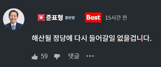 지난 21일 홍준표 전 시장이 '청년의 꿈'에 올라온 한 누리꾼 게시글에 남긴 답변. 〈사진='청년의 꿈' 캡처〉