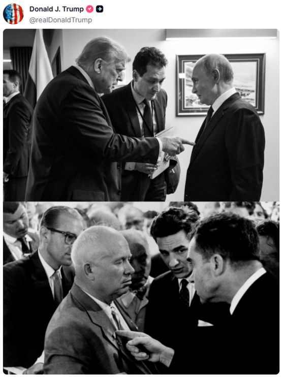 현지시간 21일 도널드 트럼프 대통령이 자신의 소셜미디어에 올린 사진. 트럼프 대통령이 블라디미르 푸틴 러시아 대통령을 손가락으로 가리키는 모습(위)과 1959년 리처드 닉슨 당시 미국 부통령이 소련의 니키타 흐루쇼프 서기장을 손가락으로 가리키며 설전을 벌이는 모습(아래). 〈사진=트루스소셜 캡처〉