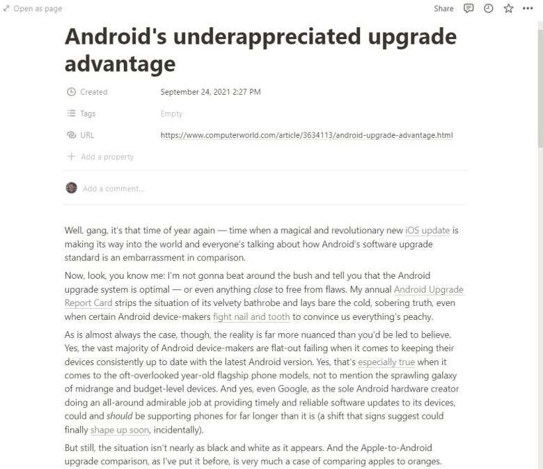 노션에 저장된 기사 페이지. 보기에도 괜찮다. ⓒ JR RAPHAEL/IDG