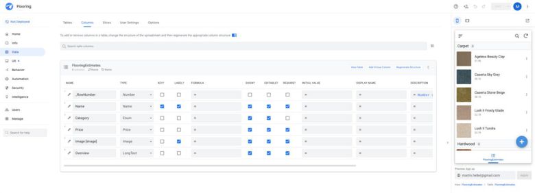 앱시트는 소스 테이블(여기서는 엑셀 스프레드시트)에서 열과 열 이름을 추론하지만 열의 표시 및 편집 가능 여부, 필수 여부 등을 직접 제어할 수도 있다. 또한 가상 열의 공식을 편집할 수 있으며 앱시트는 공식을 만드는 작업을 도와준다. ⓒ IDG