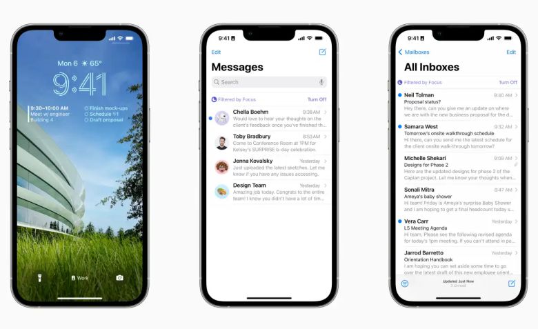 사용 중인 집중 모드에 따라 잠금화면이 바뀌며 메일, 메시지 등의 앱에 필터가 적용된다. ⓒ Apple