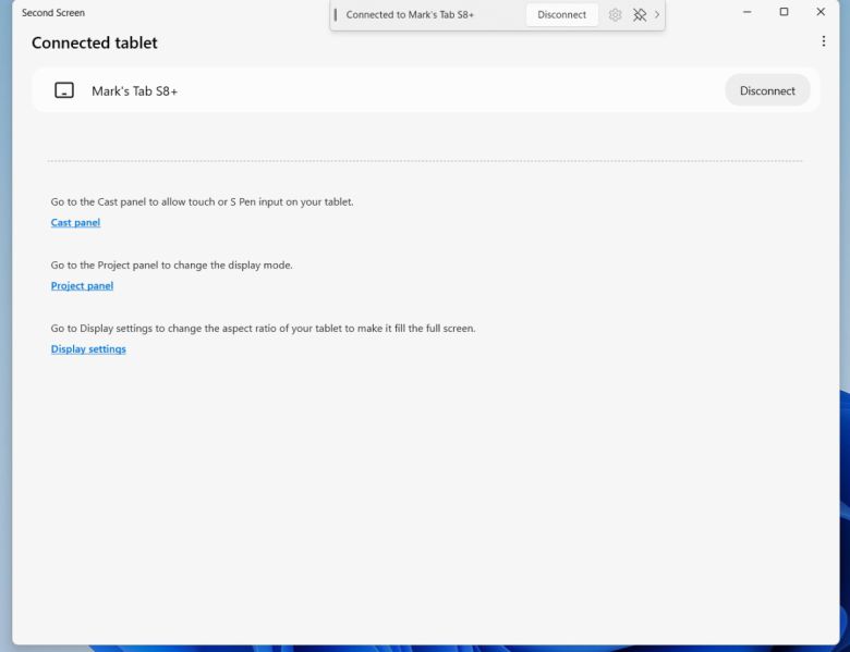 갤럭시 PC에서 세컨드 스크린 앱을 켠 화면. 상단의 작은 팝업 창은 탭과 연결되었음을 나타낸다. ⓒ Foundry