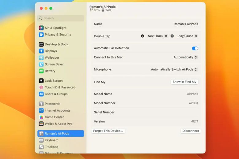 맥OS 벤투라의 에어팟 설정 창 ⓒ Foundry