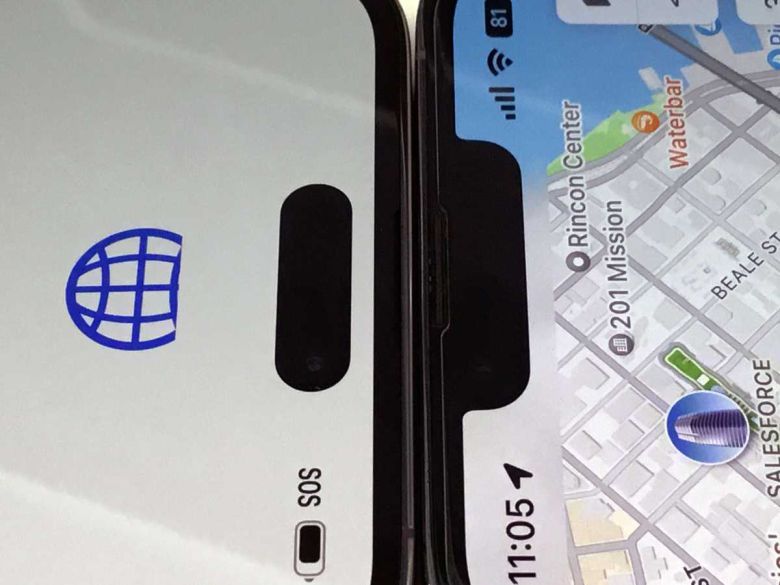 아이폰 14 프로 맥스 다이내믹 아일랜드(왼쪽)와 아이폰 13 프로 맥스 노치(오른쪽) ⓒ Foundry