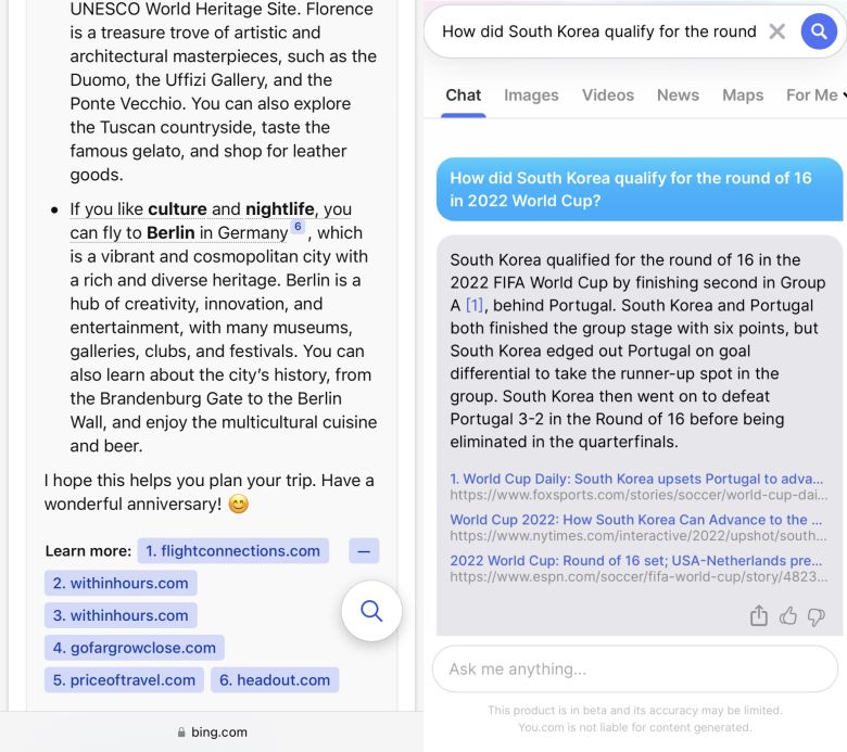 왼쪽: 새로운 빙 검색의 AI 대화 기능. 오른쪽: 유챗 대화형 AI. ⓒCIO KOREA