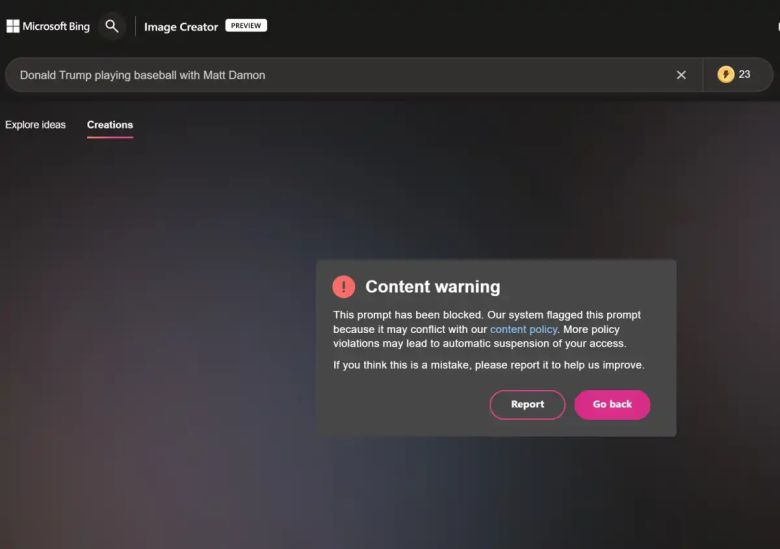 ‘맷 데이먼과 야구하는 도널드 트럼프’를 입력했더니 마이크로소프트가 안전하지 않은 프롬프트로 간주하고 차단했다. ⓒ Microsoft