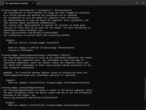 <화면 1> 윈도우 11의 DISM 도움말 옵션 ⓒ Ed Tittel/IDG