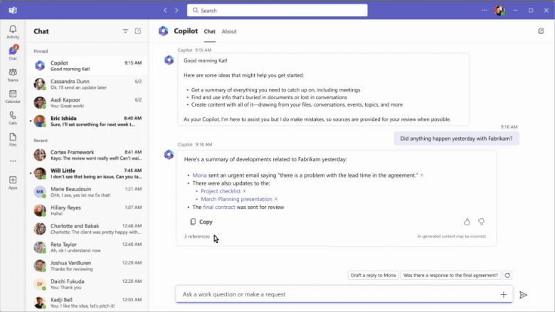 코파일럿은 프로젝트에 관한 다양한 출처의 정보를 종합할 수 있다. ⓒMicrosoft