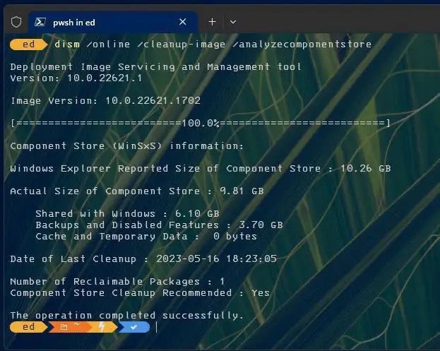 <화면 6> DISM /analyzecomponentstore 명령으로 정리할 수 있는 패키지를 하나 찾아냈다 ⓒ Ed Tittel/IDG