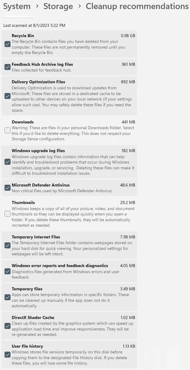 <화면 3> 윈도우 11에서 '추천 정리' 기능을 실행하면 휴지통, 전송 최적화 파일, 오류 보고서, 피드백 진단, 임시 파일, 다이렉트X 셰이더 캐시 파일 등 중에서 삭제할 항목을 선택할 수 있다. ⓒ Ed Tittel/IDG
