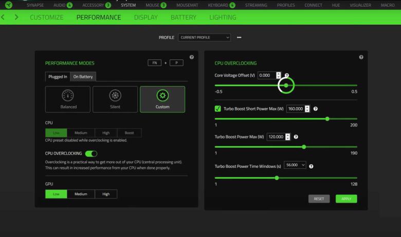 레이저 시냅스 소프트웨어의 CPU 오버클러킹 및 언더볼팅 설정 메뉴 ⓒ Thiago Trevisan/PCWorld