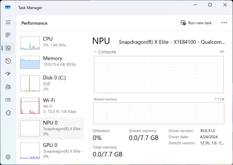 PC에 NPU가 있으면, 작업관리자의 성능 창에서 별도의 장치로 표시된다. ⓒ Microsoft