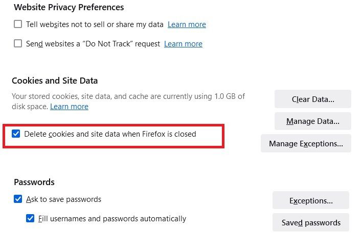 브라우저를 닫을 때 파이어폭스가 쿠키를 자동으로 삭제하도록 지시할 수 있다. 이 경우 개인 데이터를 다시 입력해야 한다. ⓒ Foundry