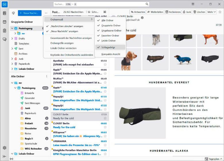 점 세 개를 클릭하면 '폴더 모드' 메뉴 항목에서 결합 가능한 폴더 설정에 액세스할 수 있다. 메일 계정을 묶어 폴더에 더 빠르게 액세스할 수 있도록 도와준다. ⓒ Thomas Joos