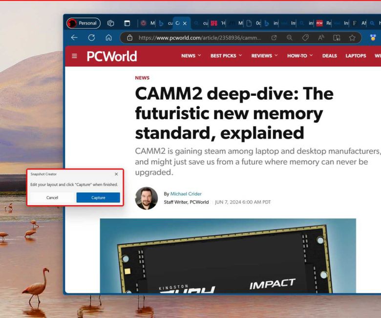 원하는 방식으로 윈도우를 배열하면 워크스페이스가 방향을 캡처한다. 비표준 레이아웃도 꽤 잘 저장한다. 디스플레이 상단의 가는 빨간색 선도 주목하라. ⓒ Mark Hachman / IDG