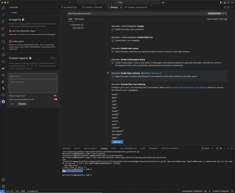 젠코더는 현재 단위 테스트 생성과 코딩을 위한 두 개의 기본 에이전트, 그리고 맞춤형 에이전트를 정의하기 위한 인터페이스를 제공한다. 맞춤형 에이전트는 본질적으로 대규모 언어 모델을 위한 저장된 명령어 프롬프트로, 특정 작업을 해결하는 것을 목표로 한다.IDG