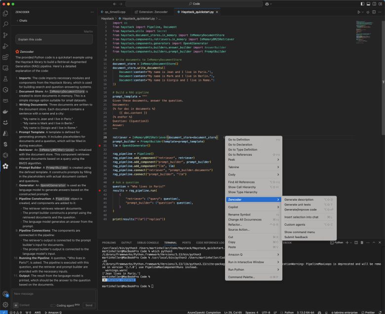 젠코더는 리포지토리 스캔 없이 오른쪽 코드에 대한 설명을 왼쪽에 표시한다. 오른쪽에서는 코드 외에 젠코더의 컨텍스트 메뉴도 볼 수 있다.IDG