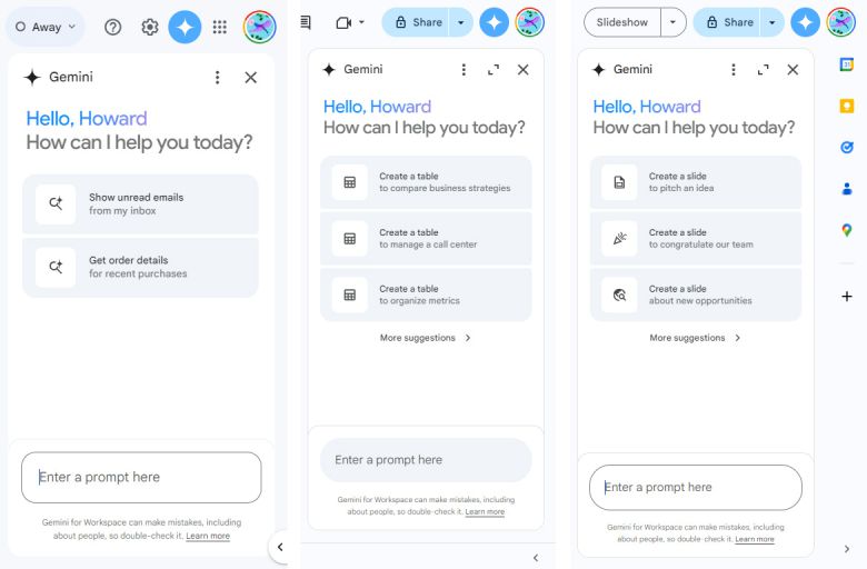 Suggestions in the Gemini side panel for Gmail, Sheets, and Slides.