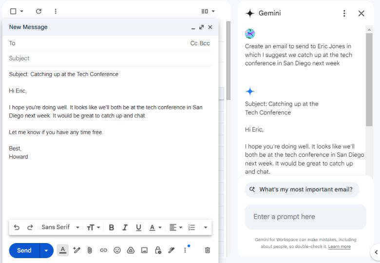A new email draft generated by Gemini.