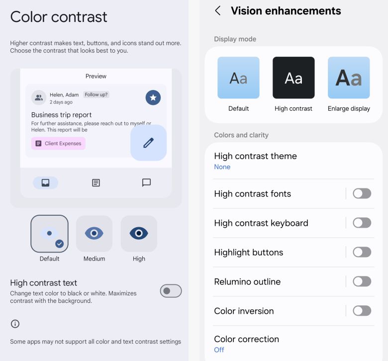 구글의 표준 안드로이드 인터페이스(왼쪽)와 삼성의 소프트웨어 버전(오른쪽)에서 볼 수 있는 안드로이드 15의 확장된 색대비 제어 기능.JR Raphael / Foundry