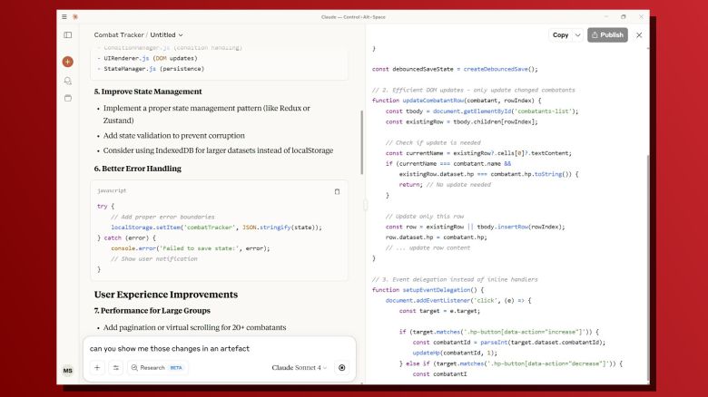 클로드에게 탁상 게임용 웹앱 개선 방향을 질문한 장면. 이 프로젝트는 상대적으로 단순하고 규모가 작다.Matt Smith