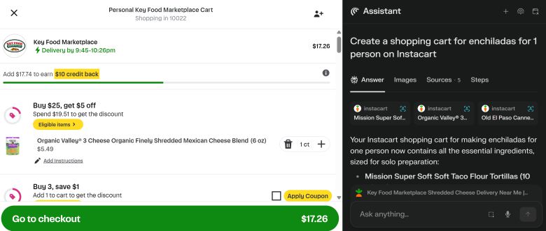 The Comet browser AI assistant filled up an Instacart shopping cart with ingredients for enchiladas.