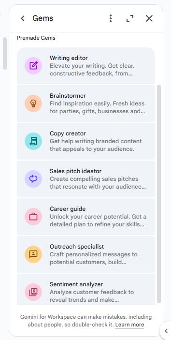 제미나이 사이드바에서 젬 항목을 클릭하면 사전 제작된 젬 전체 목록을 확인할 수 있다.Howard Wen / Foundry