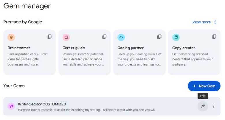 맞춤 설정한 젬 옆의 연필 아이콘을 클릭하면 지침을 검토하고, 테스트하며, 편집할 수 있다.Howard Wen / Foundry
