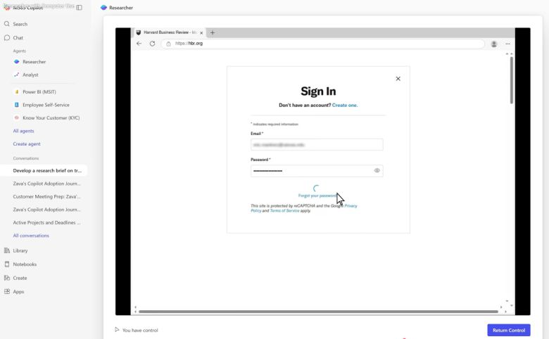 마이크로소프트 365 코파일럿 리서처 위드 컴퓨터 유즈는 필요할 때 사용자에게 비밀번호를 입력할 수 있는 권한을 돌려준다.Microsoft