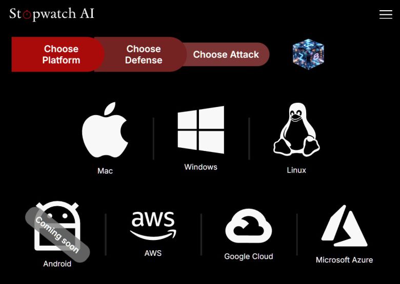 스톱워치 AI 웹사이트는 AI 도구만으로 몇 단계 만에 악성코드를 생성할 수 있는 과정을 보여준다. 첫 번째 단계는 공격 대상 OS를 선택하는 것으로, 사용자는 이 단계에서 어떤 시스템을 공격할지 지정하게 된다.Foundry
