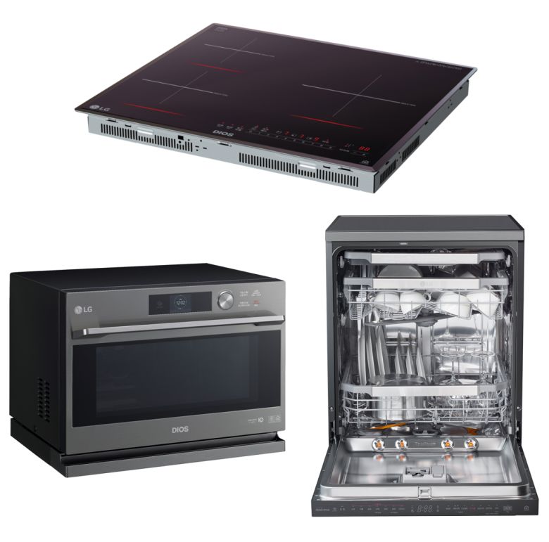 LG 디오스 주방가전 3총사인 디오스 인덕션 전기레인지, 디오스 식기세척기 스팀, 디오스 광파오븐(위쪽부터 시계방향으로)(사진제공=LG전자)