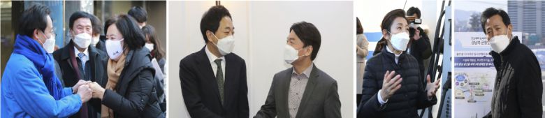 4·7 재보선을 두달여 앞둔 4일 서울시장 예비후보들이 바쁜 일정을 소화하고 있다. 왼쪽부터 서울 용산구 이태원에서 열린 코로나19 피해 맞춤 지원을 위한 현장간담회에서 인사하는 더불어민주당 우상호 예비후보와 박영선 예비후보, 국회 의원회관에서 '제3지대' 단일화 방식을 협상하기 위해 회동하는 무소속 금태섭 전 의원과 국민의당 안철수 대표, 성북구 정릉동 한 시내버스 회사에서 버스 운송 안전 및 현안을 점검하는 국민의힘 나경원 예비후보, 용산구 전자랜드 신관에서 용산 경제 정책을 발표하는 국민의힘 오세훈 예비후보. (연합뉴스)