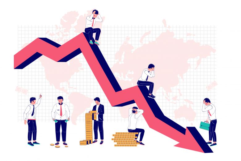 Down arrow chart and business people having money troubles, vector flat illustration. Business fail, investment failure, unpaid bills and loan debts, financial problems.(게티이미지뱅크)