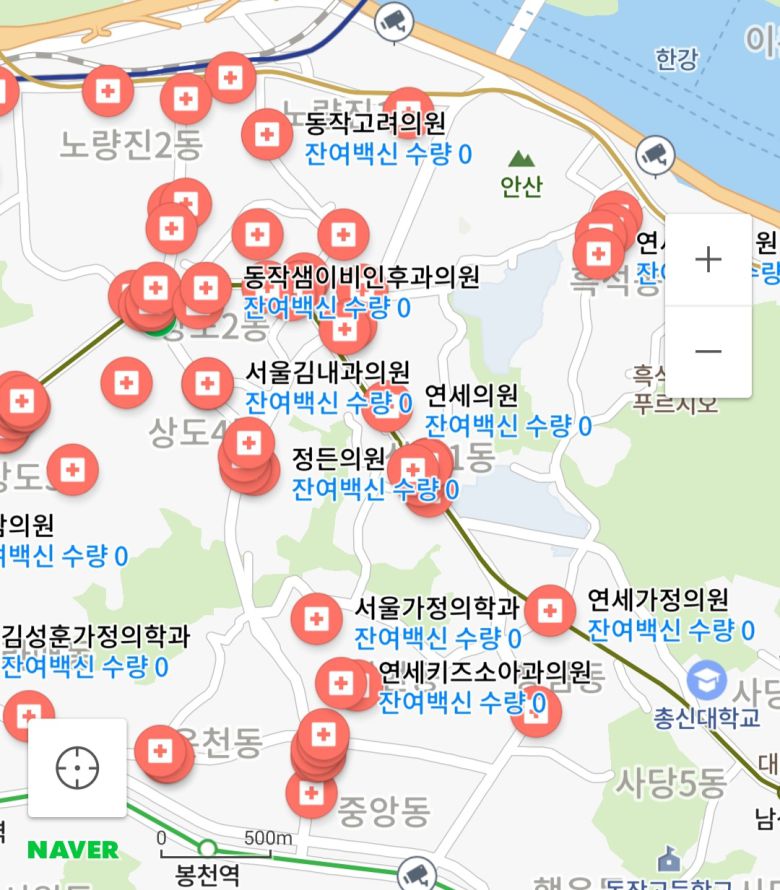 사전예약자 98% 이상이 코로나19 백신 접종에 참여하면서, 서울 대부분 지역의 병·의원에서 잔여 백신을 찾을 수 없었다. 사진은 27일 서울 상도동 일대 병의원 잔여백신 현황(출처=네이버 지도 캡처)