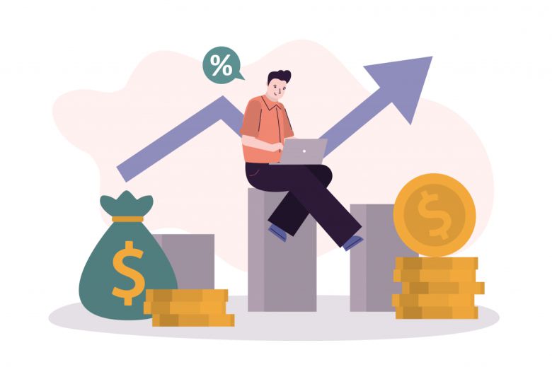 Businessman successfully invests online. Handsome man with laptop analyzes investment growth. Concept of investment and banking. Economics strategy and finance management. Flat vector illustration