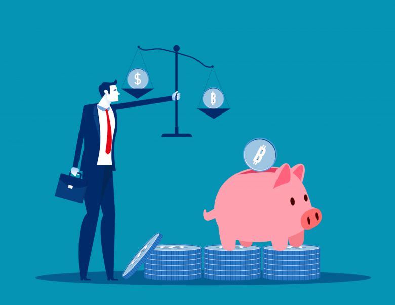 Trader holds scales with coins. Invests savings in bitcoin, Growth of bitcoin rate