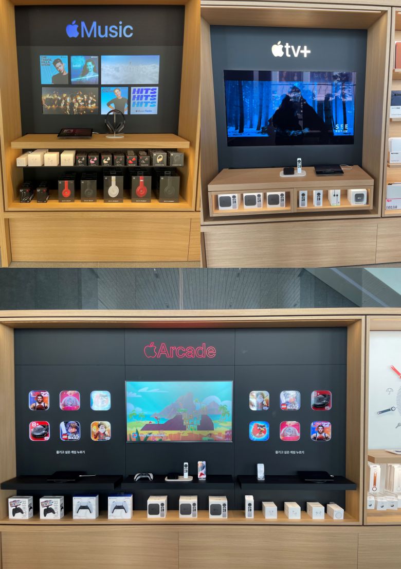 1층과 2층에 마련된 애플 뮤직, 애플 티비+, 애플 아케이드 체험 공간