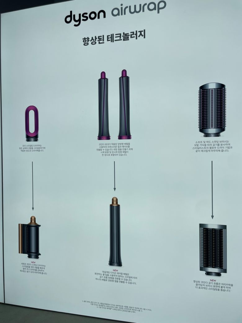 전작(위)과 신제품(아래)의 비교. 다이슨 에어랩 멀티 스타일러는 △하나의 툴로 양방향 컬을 연출하는 에어랩 멀티 스타일러 배럴 △향상된 코안다 효과로 재설계된 스무딩 브러시 △새롭게 개발된 코안다 스무딩 드라이어 등을 갖췄다.