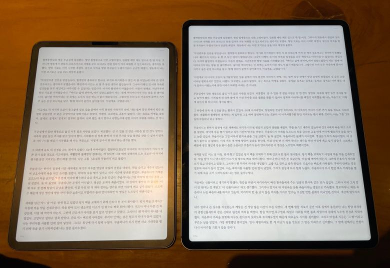 아이패드 프로 11인치(왼쪽), 12.9인치(오른쪽)로 E-북을 실행한 모습.