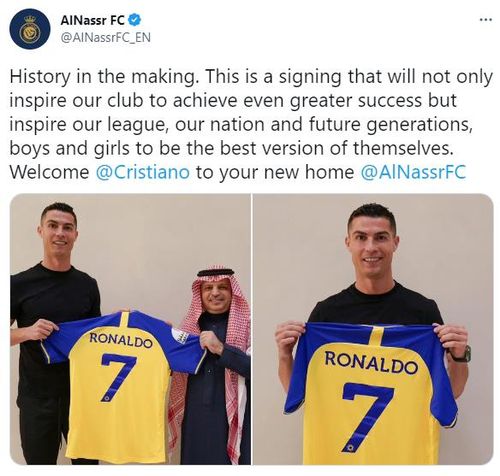 30일(현지시간) 사우디아라비아 프로 축구 구단 '알나스르'는 크리스티아누 호날두의 이적 사실을 공식 트위터를 통해 알렸다.