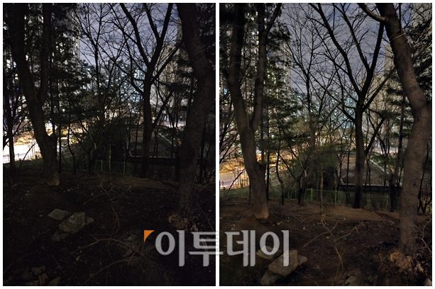 좌측부터 갤럭시 S23 울트라 기본 카메라로 촬영한 사진과 나이토그래피(야간촬영 기능)을 활용해 촬영한 사진.