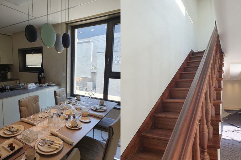 '디아크카운티' 내 주방(왼쪽)과 복층형 가구 내 계단(오른쪽) 모습.