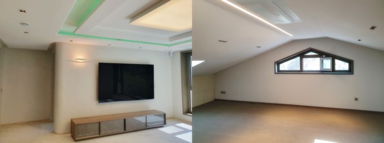 '디아크카운티' 내 한 가구 모습(왼쪽)과 다락층(오른쪽) 전경.