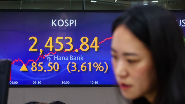 내 증시 전체 종목에 대한 공매도 전면 금지가 시행된 첫날인 6일 오전 서울 중구 하나은행 본점 딜링룸 현황판에 코스피가 표시돼 있다. 이날 코스피는 전장보다 31.46p(1.33%) 오른 2399.8로 출발해 장중 2,460선을 넘기기도 했다. 연합뉴스