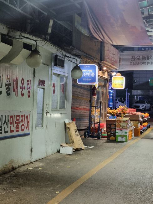 11월 18일 오후 6시쯤 찾은 일산시장의 거리는 대체로 깨끗했다. 문을 닫은 가게들 앞에 같은 광고 전화번호의 불법대부업 광고 전단이 세 장 있었다.